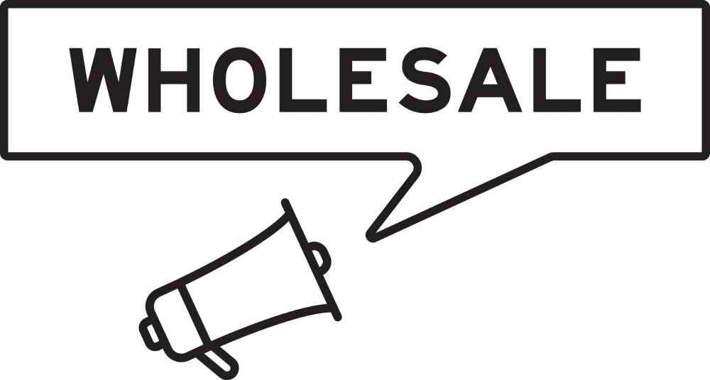 Megaphone icon with speech bubble in word WHOLESALE on white background