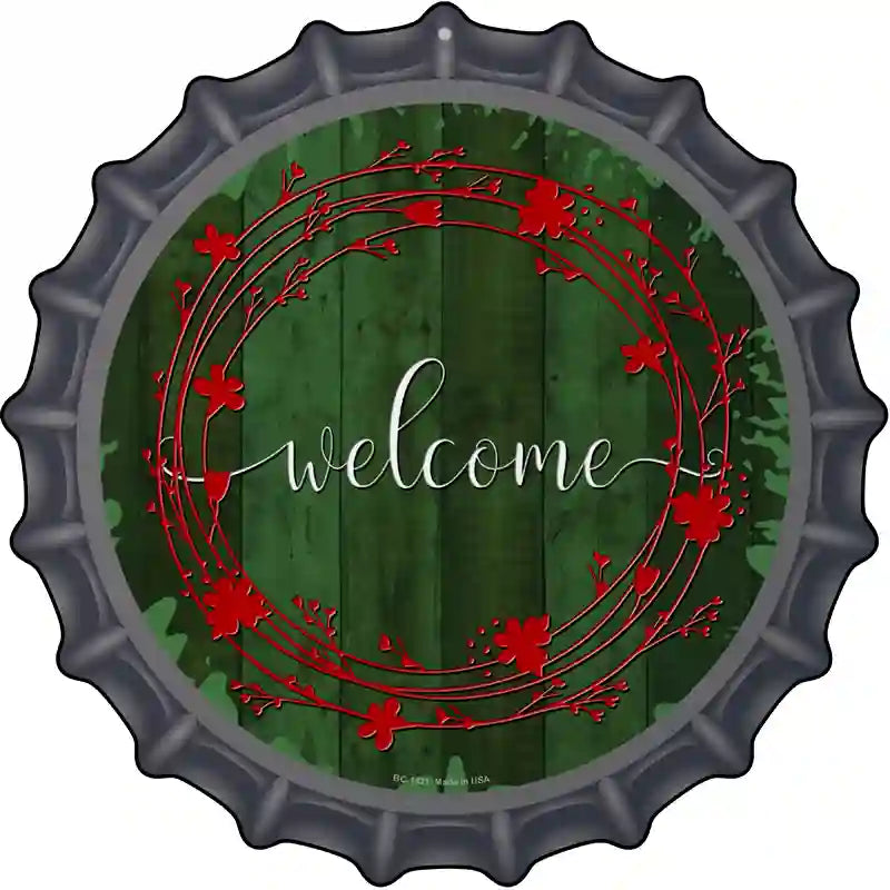 Welcome Wreath Novelty Metal Bottle Cap Sign BC-1421
