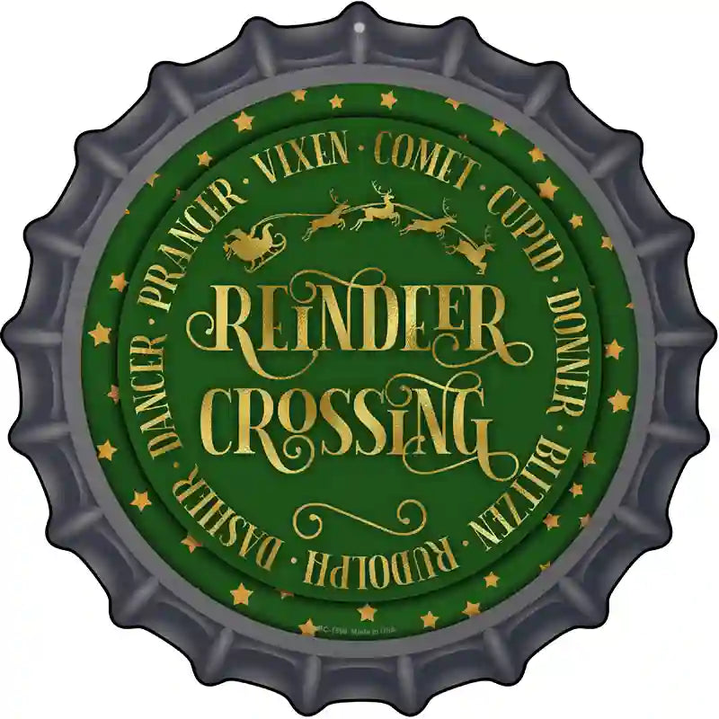 Reindeer Crossing Green Novelty Metal Bottle Cap Sign