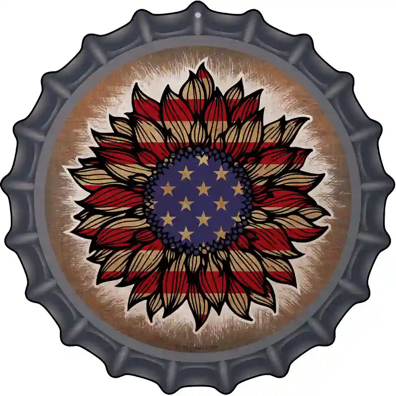 USA Flag Sunflower Novelty Metal Bottle Cap Sign