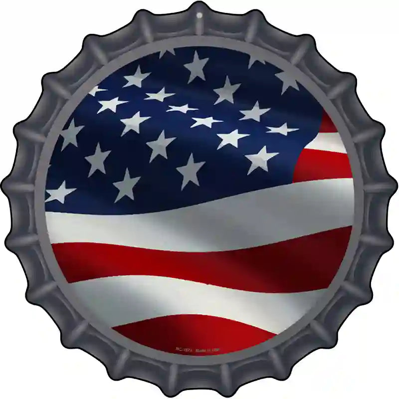 Waving American Flag Novelty Metal Bottle Cap Sign BC-1873