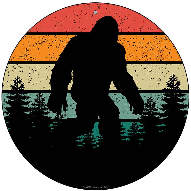 Bigfoot Silhouette Sunset Novelty Metal Circular Sign C-2080