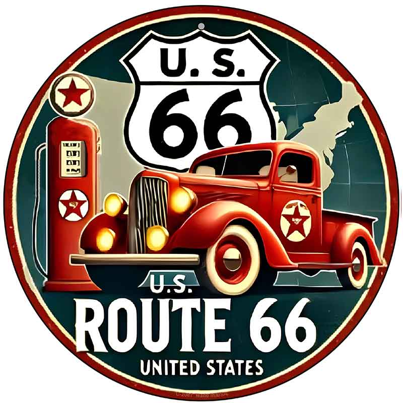 Red Truck on Route 66 Novelty Metal Circular Sign C-2087