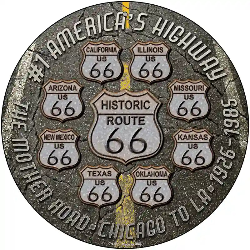 Route 66 Black Top Novelty Metal Circular Sign 12" (C)
