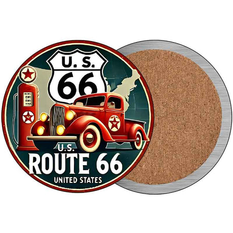 Red Truck on Route 66 Novelty Metal Circular Sign C-2087