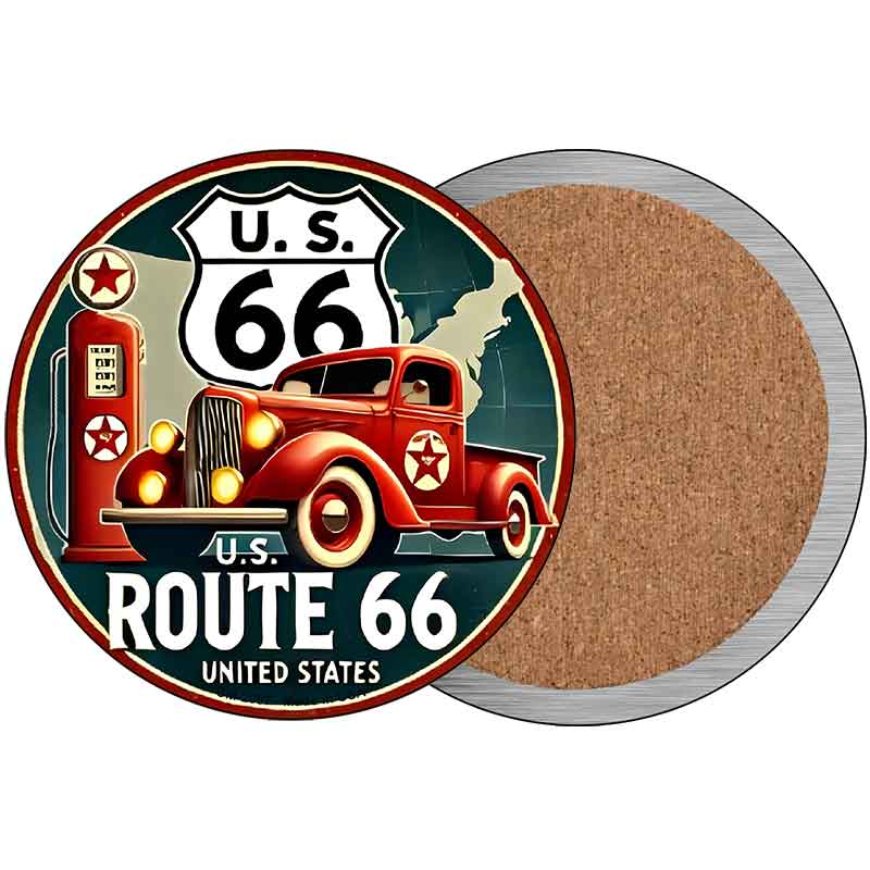 Red Truck on Route 66 Novelty Metal Circular Sign C-2087