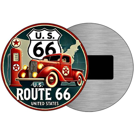 Red Truck on Route 66 Novelty Metal Circular Sign C-2087