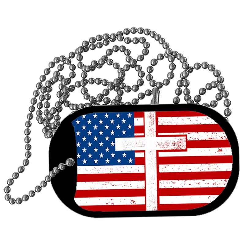 American Flag with Cross Metal Novelty Dog Tag Necklace DT-14518