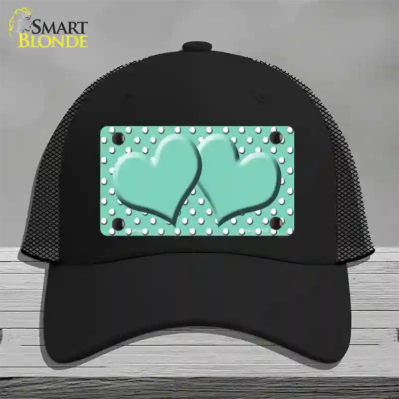 Mint White Polka Dot Center Hearts Novelty License Plate Hat Mesh / Black