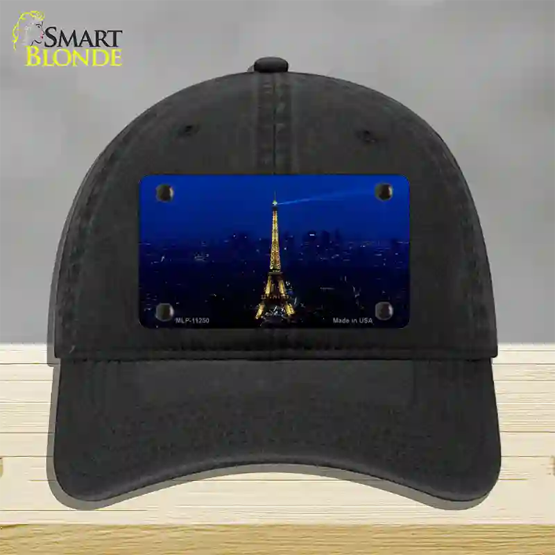 Eiffel Tower Night With City Skyline Novelty License Plate Hat Unconstructed Cotton / Black