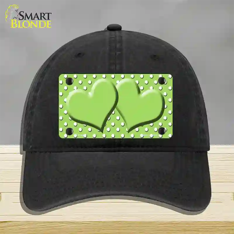 Lime Green White Polka Dot Center Hearts Novelty License Plate Hat Unconstructed Cotton / Black