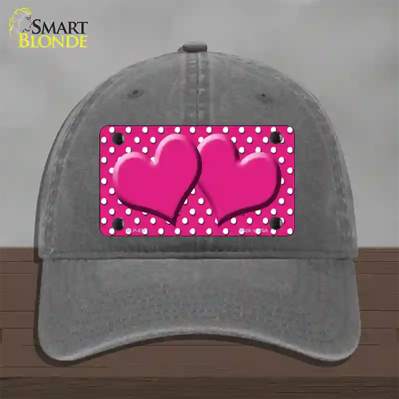 Pink White Polka Dot Center Hearts Novelty License Plate Hat Unconstructed Cotton / Charcoal
