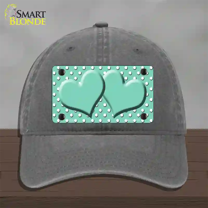 Mint White Polka Dot Center Hearts Novelty License Plate Hat Unconstructed Cotton / Charcoal