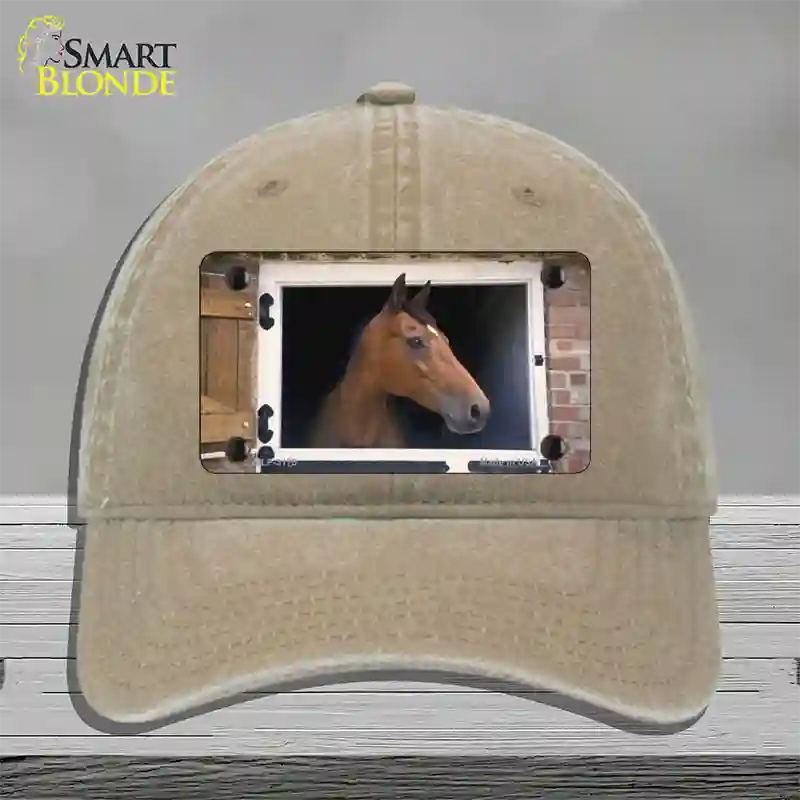Horse In Barn Novelty License Plate Hat Unconstructed Cotton / Khaki