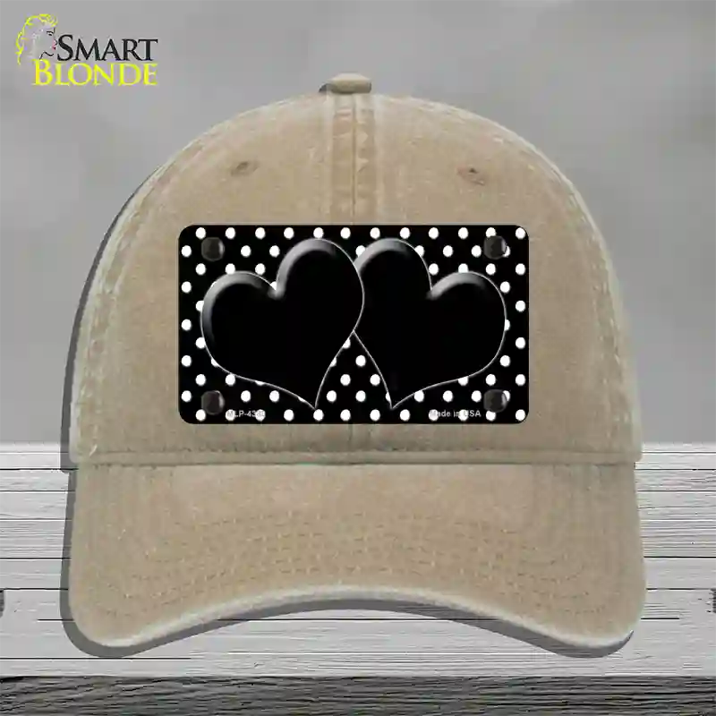 Black White Polka Dot Center Hearts Novelty License Plate Hat Unconstructed Cotton / Khaki