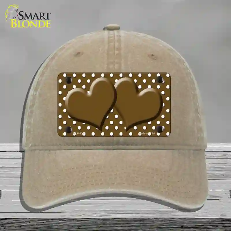 Brown White Polka Dot Center Hearts Novelty License Plate Hat Unconstructed Cotton / Khaki