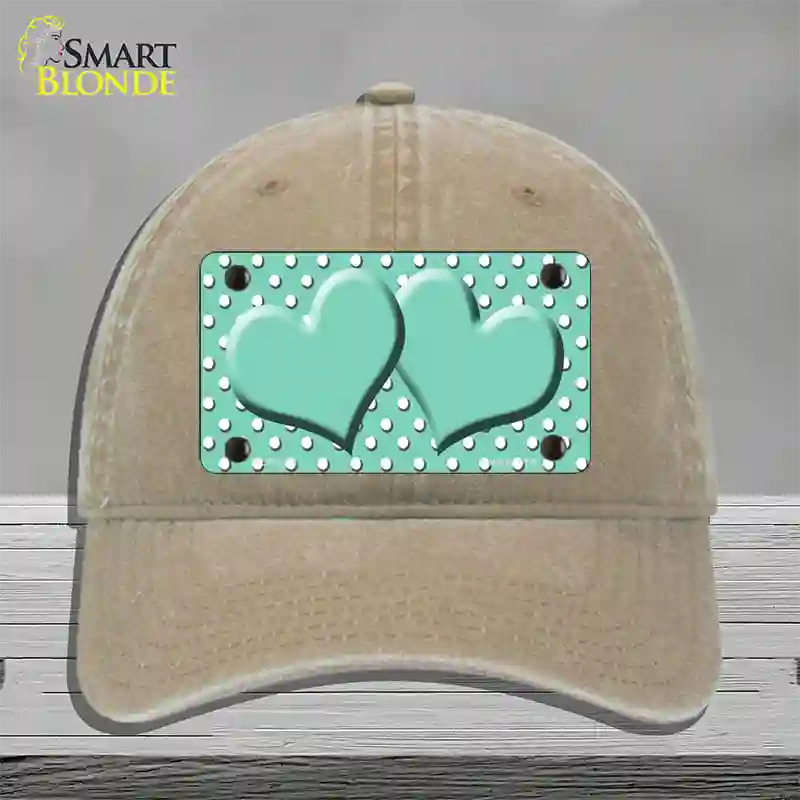 Mint White Polka Dot Center Hearts Novelty License Plate Hat Unconstructed Cotton / Khaki