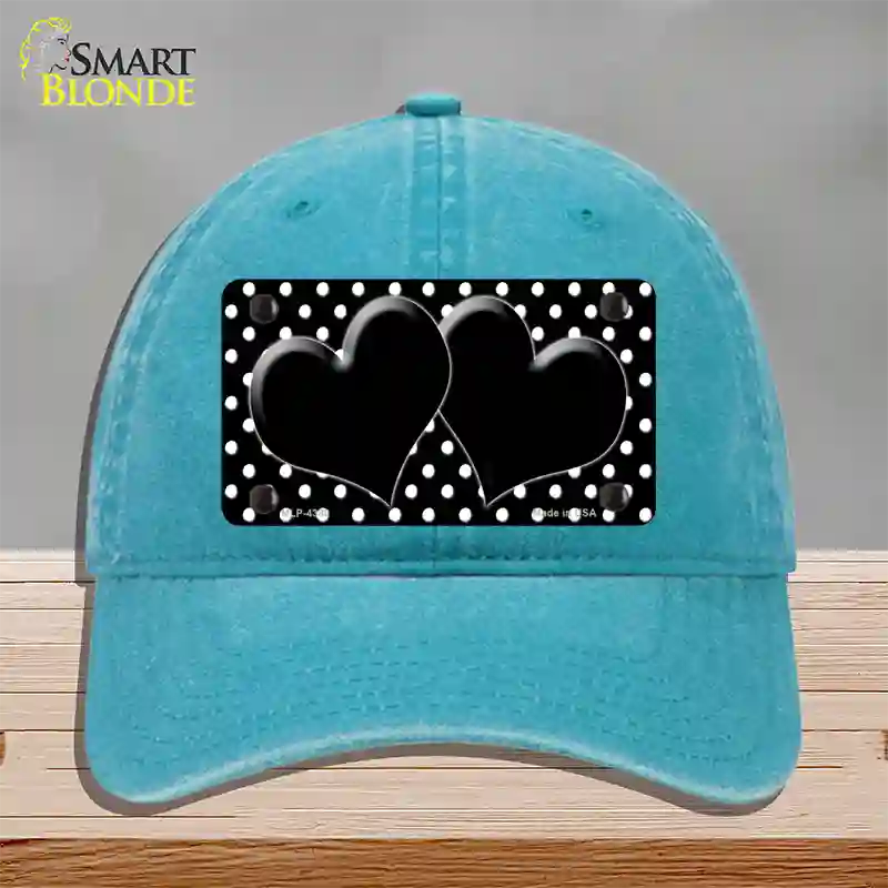 Black White Polka Dot Center Hearts Novelty License Plate Hat Unconstructed Cotton / Lake Blue