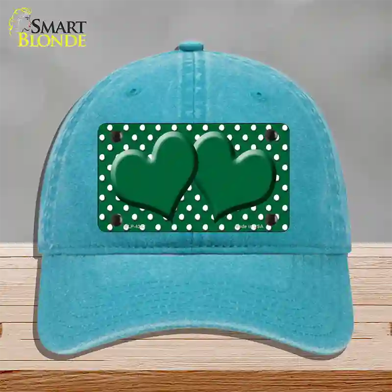 Green White Polka Dot Center Hearts Novelty License Plate Hat Unconstructed Cotton / Lake Blue