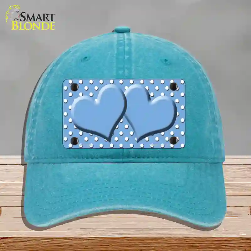 Light Blue White Polka Dot Center Hearts Novelty License Plate Hat Unconstructed Cotton / Lake Blue