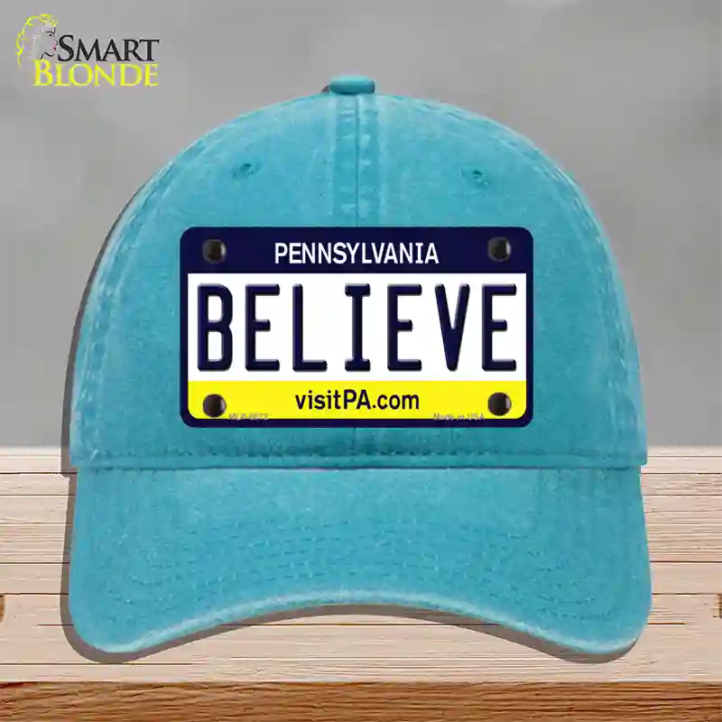 Believe Pennsylvania State Novelty License Plate Hat Unconstructed Cotton / Lake Blue