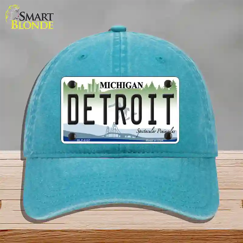 Detroit Michigan Novelty License Plate Hat Unconstructed Cotton / Lake Blue