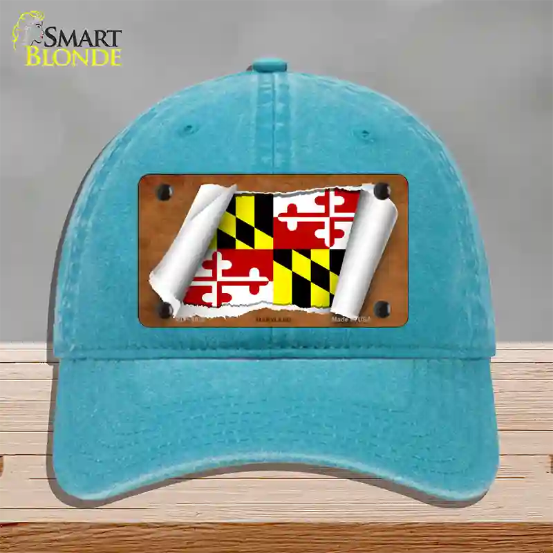 Maryland Flag Scroll Novelty License Plate Hat Unconstructed Cotton / Lake Blue