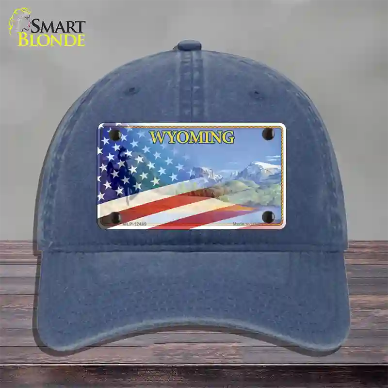 Wyoming State with American Flag Novelty License Plate Hat Unconstructed Cotton / Navy