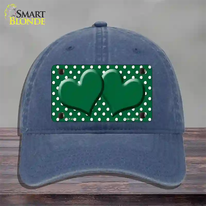 Green White Polka Dot Center Hearts Novelty License Plate Hat Unconstructed Cotton / Navy