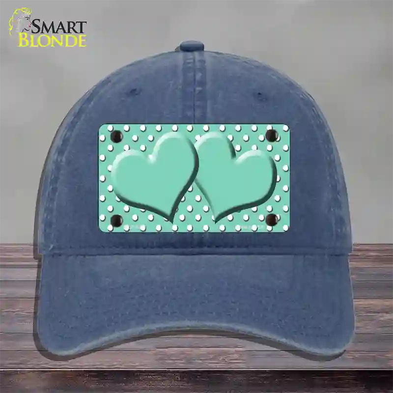 Mint White Polka Dot Center Hearts Novelty License Plate Hat Unconstructed Cotton / Navy