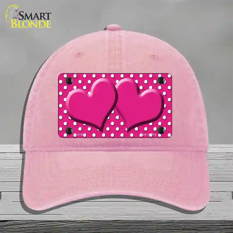 Pink White Polka Dot Center Hearts Novelty License Plate Hat Unconstructed Cotton / Pink