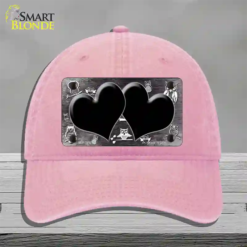 Black White Owl Hearts Oil Rubbed Novelty License Plate Hat Unconstructed Cotton / Pink