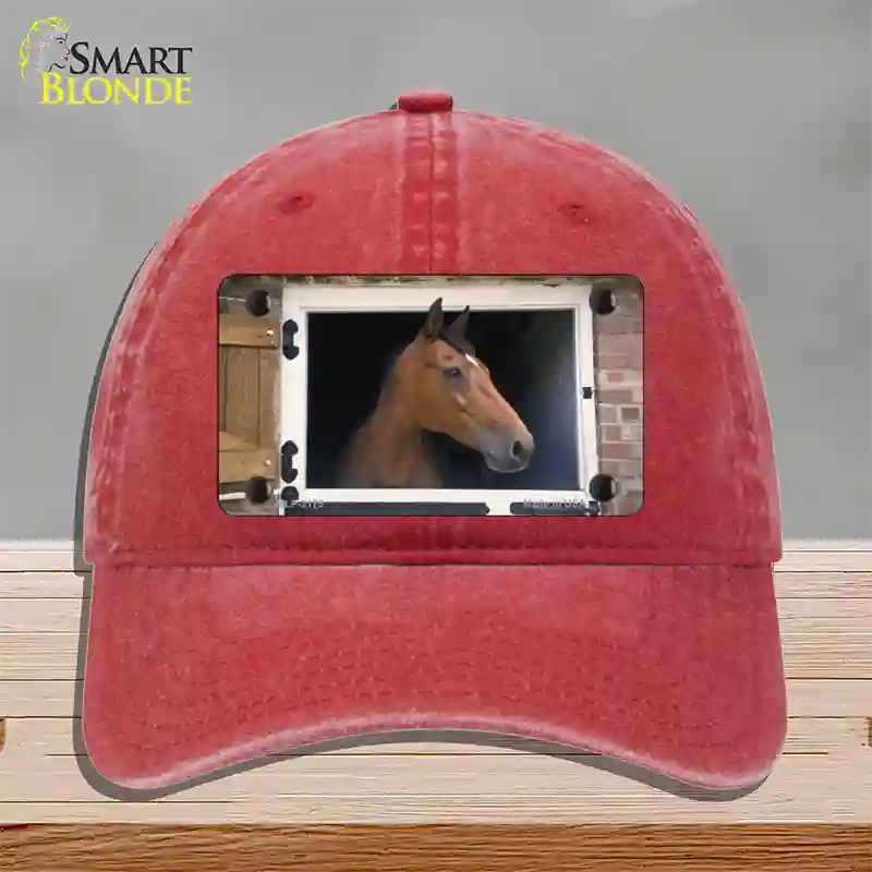 Horse In Barn Novelty License Plate Hat Unconstructed Cotton / Red