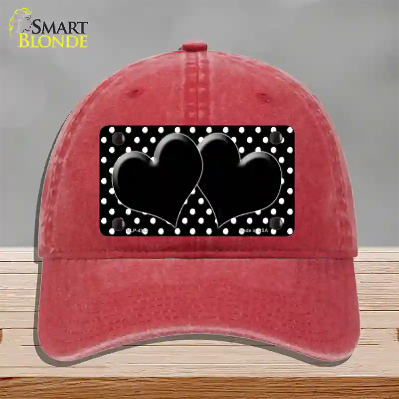 Black White Polka Dot Center Hearts Novelty License Plate Hat Unconstructed Cotton / Red