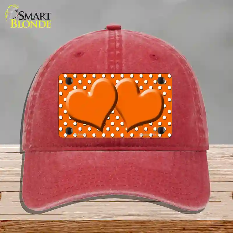 Orange White Polka Dot Center Hearts Novelty License Plate Hat Unconstructed Cotton / Red