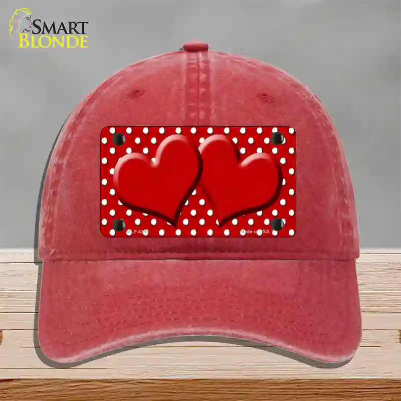 Red White Polka Dot Center Hearts Novelty License Plate Hat Unconstructed Cotton / Red
