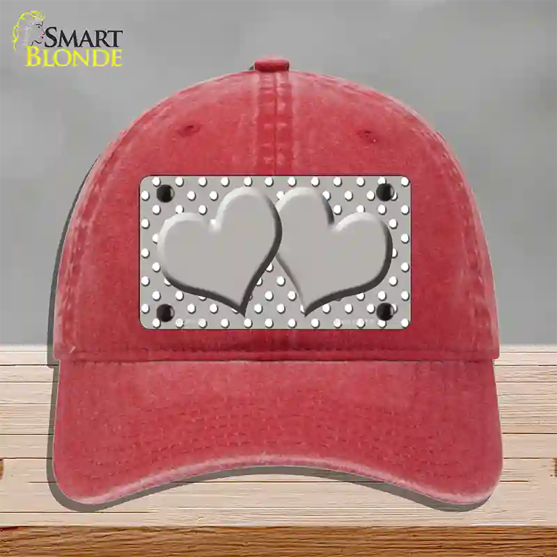 Grey White Polka Dot Center Hearts Novelty License Plate Hat Unconstructed Cotton / Red
