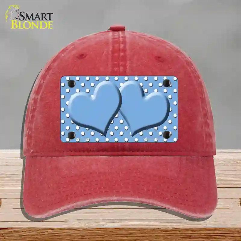 Light Blue White Polka Dot Center Hearts Novelty License Plate Hat Unconstructed Cotton / Red
