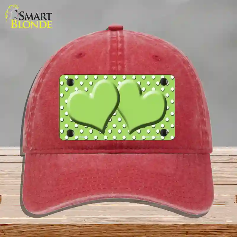 Lime Green White Polka Dot Center Hearts Novelty License Plate Hat Unconstructed Cotton / Red