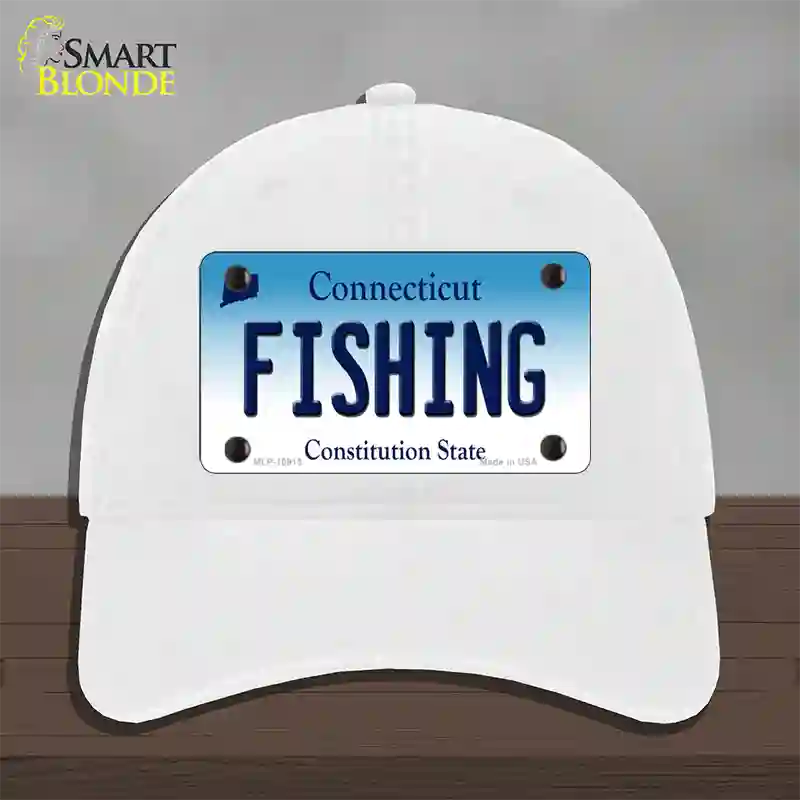 Fishing Connecticut Novelty License Plate Hat Unconstructed Cotton / White