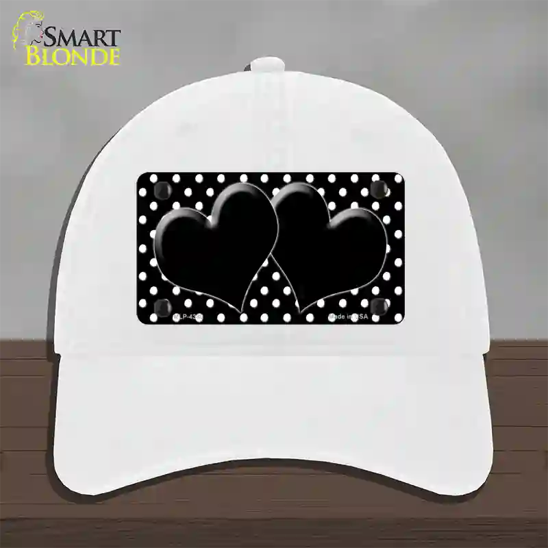 Black White Polka Dot Center Hearts Novelty License Plate Hat Unconstructed Cotton / White