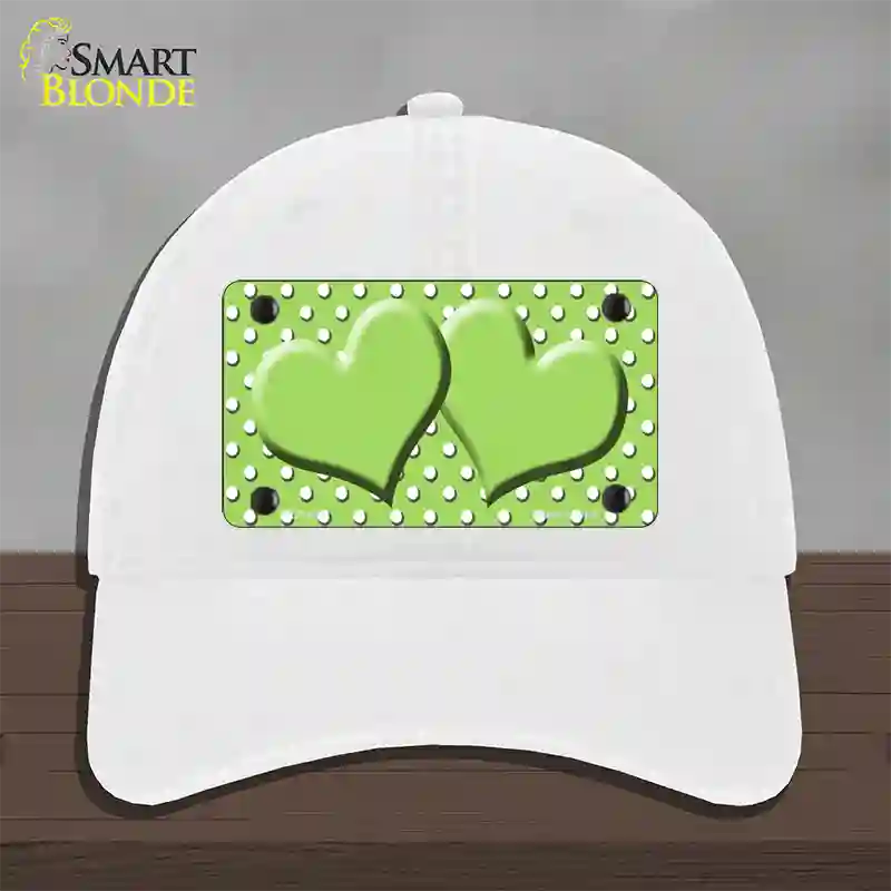 Lime Green White Polka Dot Center Hearts Novelty License Plate Hat Unconstructed Cotton / White