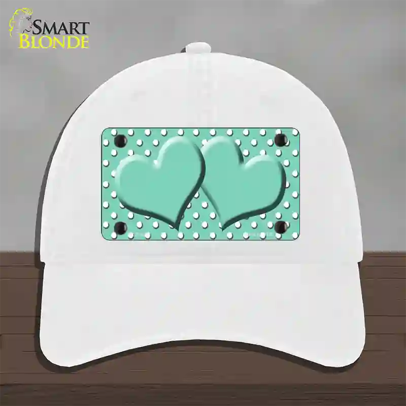 Mint White Polka Dot Center Hearts Novelty License Plate Hat Unconstructed Cotton / White