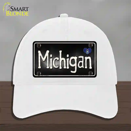 Michigan Flag Script Novelty License Plate Hat Unconstructed Cotton / White