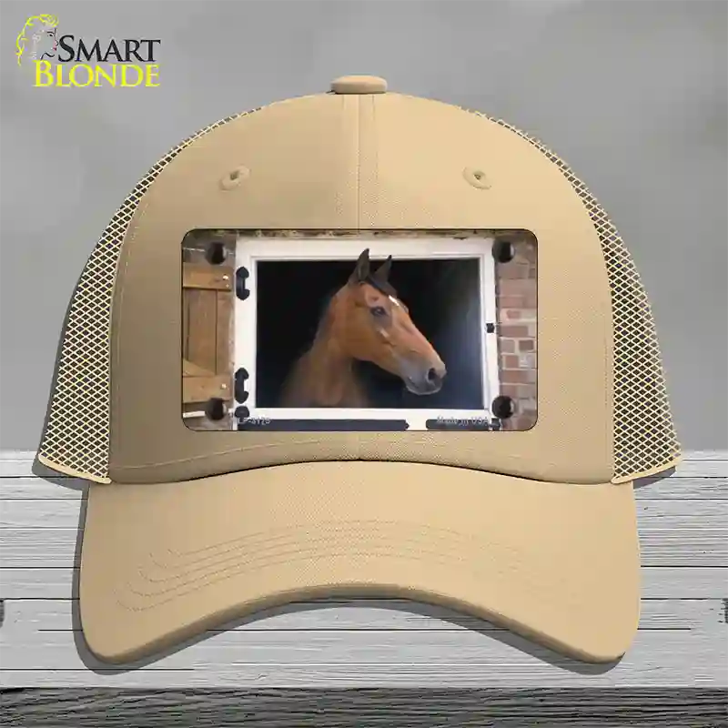 Horse In Barn Novelty License Plate Hat Mesh / Khaki