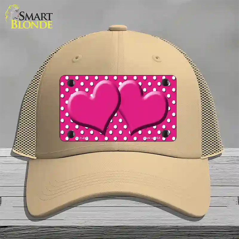 Pink White Polka Dot Center Hearts Novelty License Plate Hat Mesh / Khaki