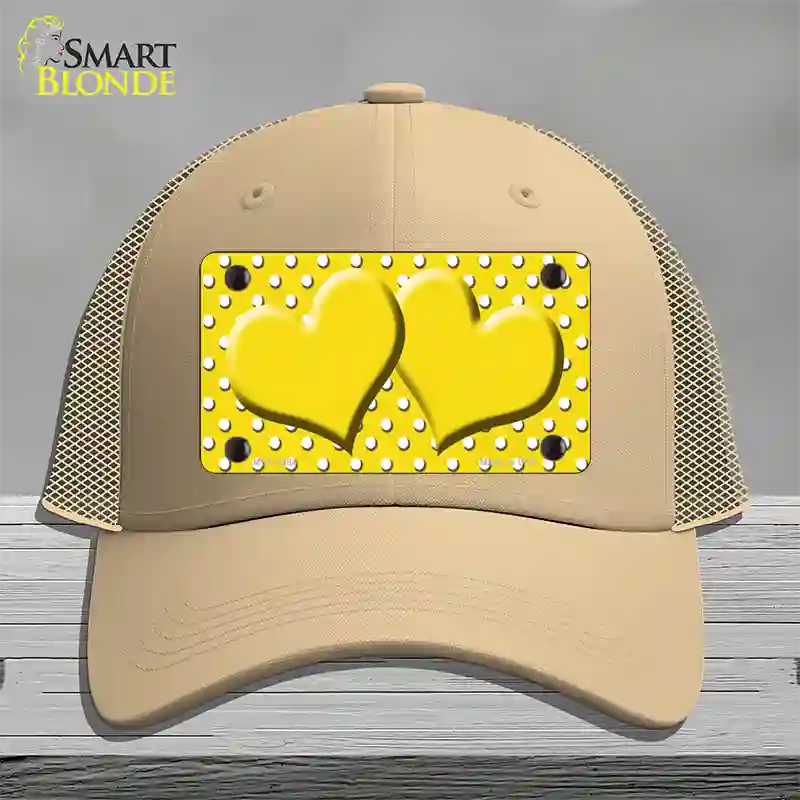 Yellow White Polka Dot Center Hearts Novelty License Plate Hat Mesh / Khaki