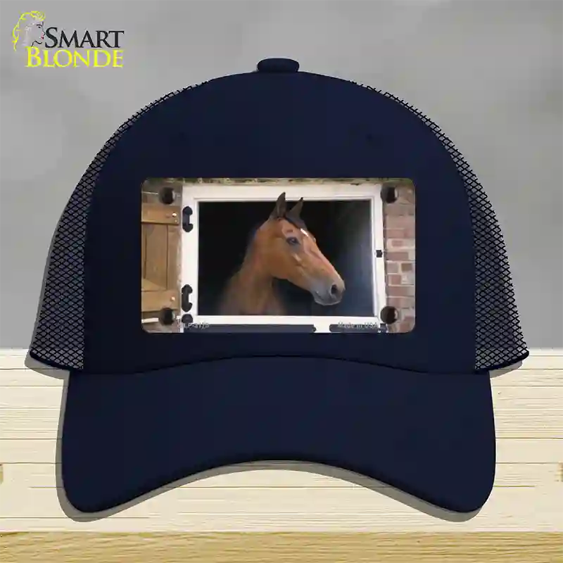 Horse In Barn Novelty License Plate Hat Mesh / Navy