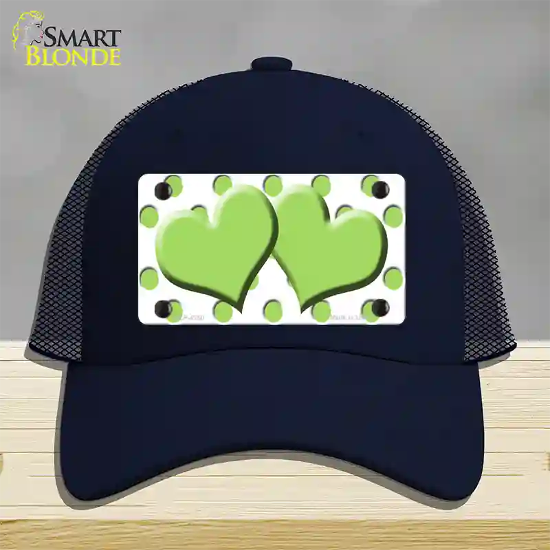 Lime Green White Polka Dot Lime Green Centered Hearts Novelty License Plate Hat Mesh / Navy