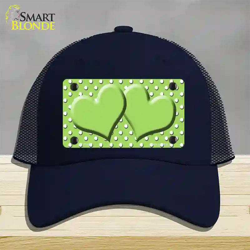Lime Green White Polka Dot Center Hearts Novelty License Plate Hat Mesh / Navy